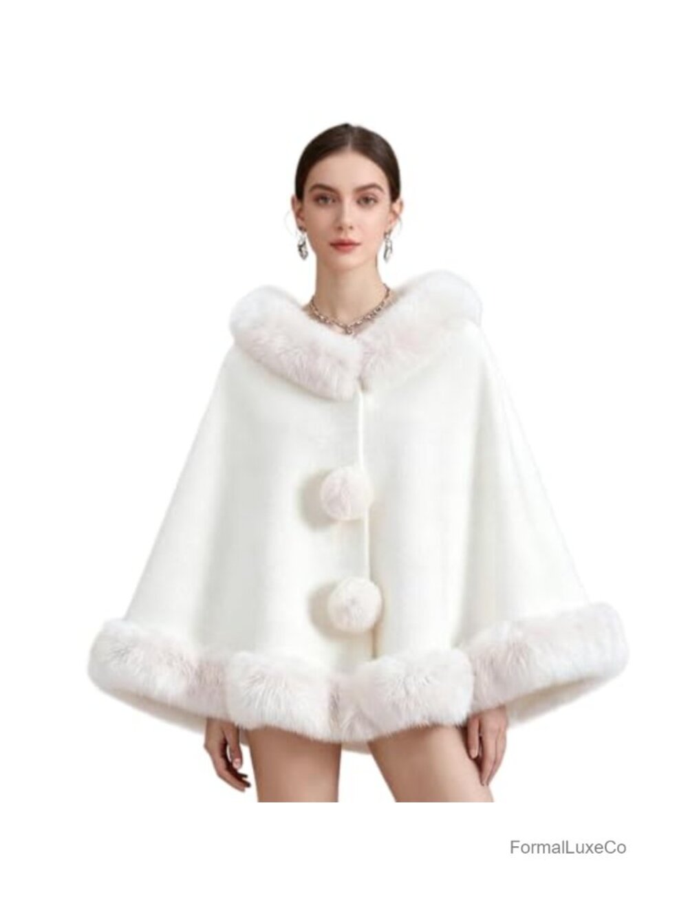 Faux Fur Cape Poncho Hooded Pom Pom Plush Wool-Like Wrap